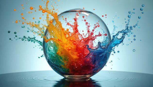 Glass orb explodes with colorful liquid splashes. Dynamic water droplets and fluid forms create vibrant patterns. Abstract motion art visual shows energy and creativity.