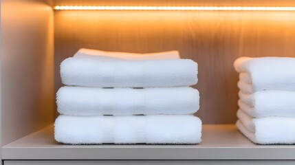 Neatly stacked white towels on a shelf illuminated by warm light, creating a cozy and inviting atmosphere