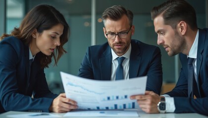 Three professionals in dark suits gather around table examining document with charts, graphs. Appear to engaged in serious discussion, possibly reviewing financial data project plans. Focused