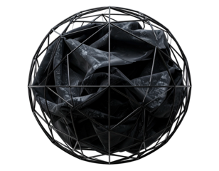 Abstract sphere of draped fabric in a metallic cage
