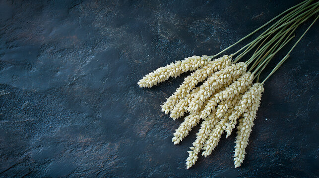 Millet ears clustered in a delicate arrangement on a dark, seamless backdrop.