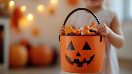 Child holding a pumpkin bucket full of candy, celebrating Halloween with the iconic jack-o'-lantern design, enjoying the festive treats and spooky fun.