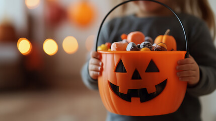 Child holding a pumpkin pail filled with Halloween candy. Festive background with blurred orange lights suggests a celebratory atmosphere.