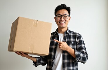 Smiling asian man holds brown cardboard box, points finger at its side. Man wears glasses, plaid shirt. White background, empty space. Online order, package delivery concept.