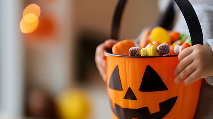 Child's Halloween Treat Bucket: Up close view of a kid holding a pumpkin-shaped bucket overflowing with colorful candies. Holiday celebration.
