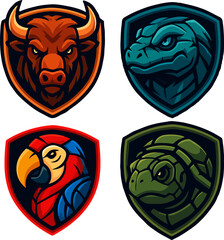 FOUR ANIMAL SHIELDS BULL LIZARD PARROT TURTLE QUADRANT GRID VECTOR PACK
