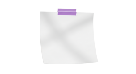 A square white note paper with slightly curved edges, attached by a single purple masking tape on top, soft natural shadow, clean minimalist stationery style, isolated on white background