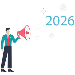 Businessman crying loud happy new year 2026 big megaphone vector style 