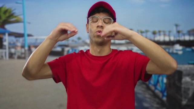 Young man wearing red cap looks through binocular gesture with hands on street; curiosity exploration.
