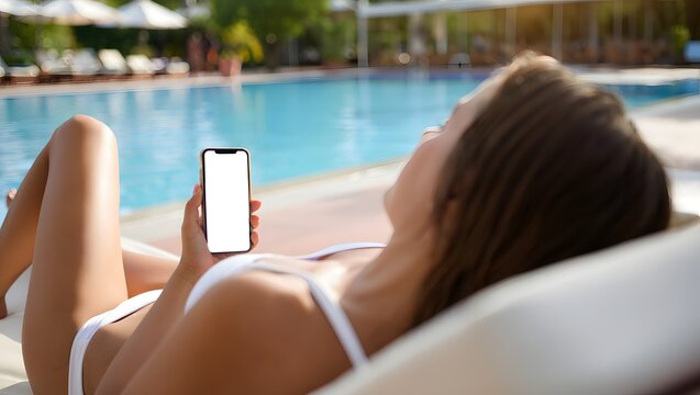 photograph of a beautiful young woman relaxing beside a luxury infinity pool, elegantly holding a mobile smartphone with a bright white screen - Powered by Adobe