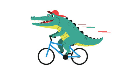 A happy cartoon alligator wearing a red hat rides a bicycle quickly.