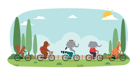 Fototapeta premium A group of cartoon animals riding bicycles outdoors on a sunny day.