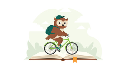Naklejka premium An owl on a bicycle rides across an open book.
