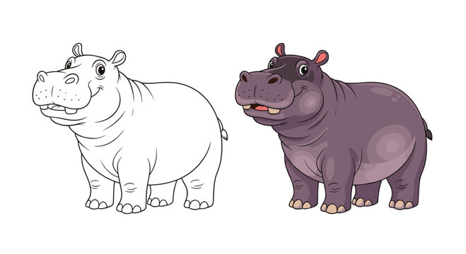 A whimsical cartoon hippo appears in outline and in full color side by side for artistic inspiration.