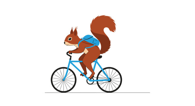A cute cartoon squirrel riding a bicycle with a blue backpack.