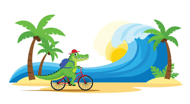 A playful alligator enjoys a sunny bike ride along the beach with palm trees and a giant wave.