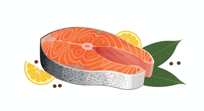 Fresh salmon steak with lemon slices and herbs