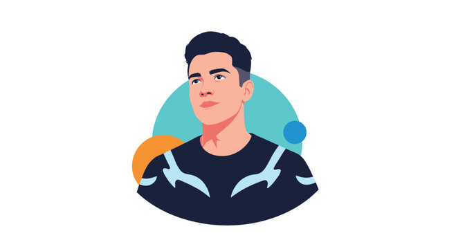 Stylized portrait of a young man with a modern haircut and athletic wear against abstract background elements.