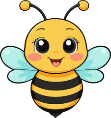 Cute Cartoon Bee Sticker Vector – Smiling Yellow Honeybee with Blue Wings and Rosy Cheeks