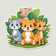 Adorable cartoon animals gathering in vibrant green foliage illustration