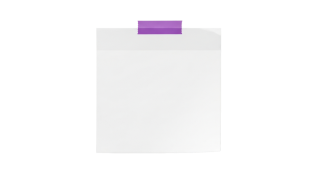 A square white note paper with slightly curved edges, attached by a single purple masking tape on top, soft natural shadow, clean minimalist stationery style, isolated on white background
