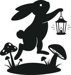 Silhouette rabbit holding lantern, leaping over mushrooms and grass, fantasy forest illustration, magical night scene, whimsical animal art, storytelling theme