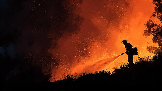 Brave Firefighter battling a raging wildfire in the Australian outback during night