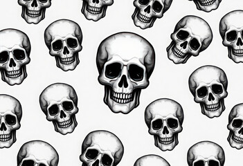 skull pattern illustration in black and white design featuring detailed human skull drawings with dark eye sockets perfect for halloween backgrounds tattoos textiles gothic and horror themes