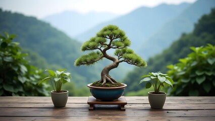 Small bonsai scene in front of distant mountains