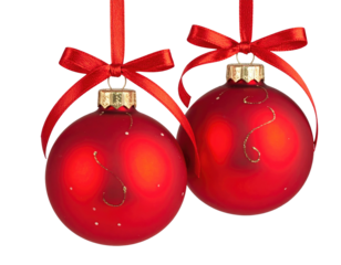Two red Christmas ornaments hanging