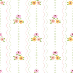 Seamless vector floral pattern with colorful Zinnia flowers and lines with dots on a white background. Perfect for fabric, wallpaper, wrapping paper, and textile design.