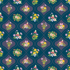 Seamless floral pattern with colorful bouquets on a dark blue background. Elegant vintage style for fabric, wallpaper, and wrapping paper designs.