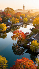 Obraz premium Autumn garden with pond and pagoda