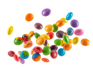 Colorful round candies in mid-air