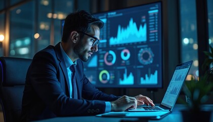 Man in suit works on laptop with financial charts on large screen in dark office at night. Data analyst reviews graphs and data for business intelligence. Computer screen glows with statistics.