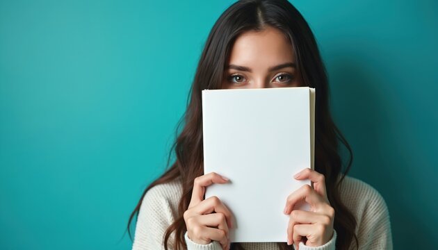 Young woman with long brown hair holds blank white book in front of her face. She peeks over the edge against a solid turquoise wall. She wears a casual cream sweater. - Powered by Adobe