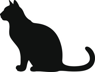 A sleek black cat in a sitting pose on transparent background silhouette