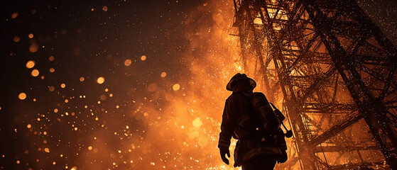 Brave firefighter stands firm against a raging inferno, silhouette against flames