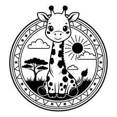 Cute Cartoon Giraffe Badge Line Art Icon, African Safari Animal Vector Illustration