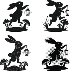 Silhouette rabbits holding lanterns, jumping and standing near mushrooms and grass, fantasy forest illustration, whimsical animal art, storytelling theme, night scene