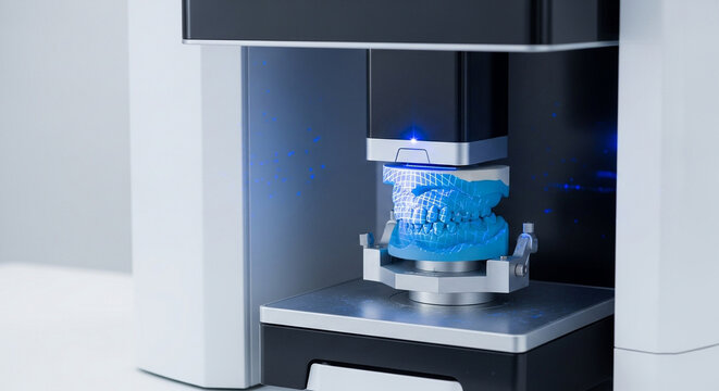 3d dental scanner in modern laboratory setting, scanning blue dental model with precision and advanced technology for accurate dental work