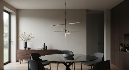 Chic Modern Dining Room with Sculptural Chandelier, Glass Table, and Serene Neutral Tones.