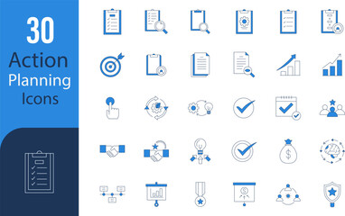 30 Action Planning Line Icons &mdash; Business Strategy, Project Management, Productivity, and Goal Setting Vector Pack
