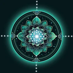 Fototapeten Mandala  Neon Mandala – Flower of Life Radiance A glowing mandala in neon blue-green hues features a central Flower of Life geometry surrounded by layered lotus petals and cardinal flourishes.   © alena_popova