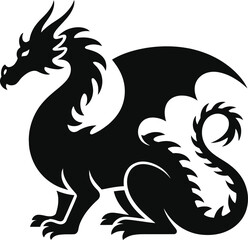 Detailed black dragon illustration with wings and tail on transparent background silhouette