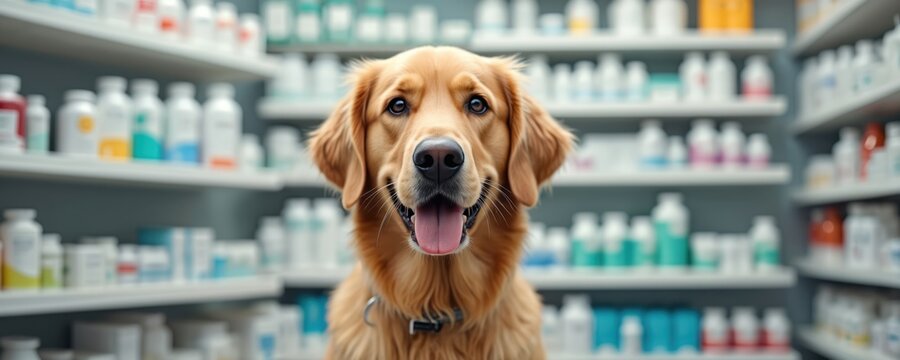 Golden retriever poses as pharmacy staff. Dog sits in front of shelves stocked with medicines. Pet provides service, advice in drug store. Canine assistant in clinic.