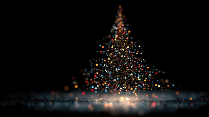 Glowing Christmas tree made of light particles shines brightly in dark surroundings, symbolizing hope for lonely people during the holiday season