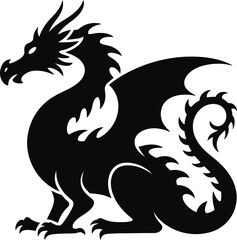 Detailed black dragon illustration with wings a tail on transparent background silhouette