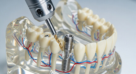 Closeup dental implant being placed into jawbone model with drill, showcasing modern dental surgery and tooth replacement techniques