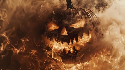 Ein gruseliger Halloween K&uuml;rbis in Flammen.